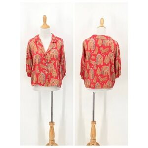 PRINTFRESH Gingerbread Party Top XS Red Holiday Cropped Button Up Short Sleeve